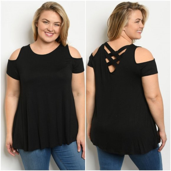 BLACK COLD SHOULDER TOP - Picture 1 of 3